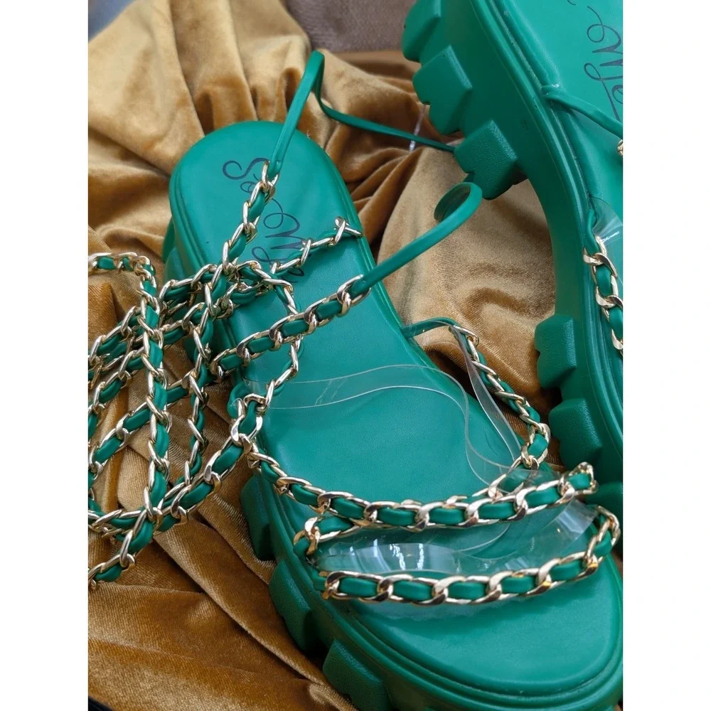 So Me Jossi Emerald Green Chunky Lug Sole Chain Platform Sandals Size 11 💚